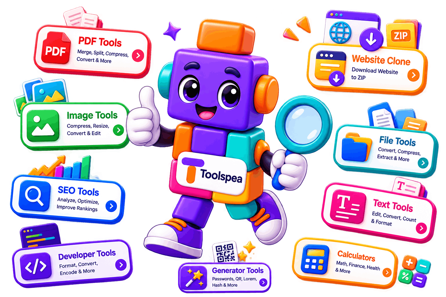 Toolspea mascot surrounded by PDF, image, SEO, file, text, developer, generator and calculator tool cards